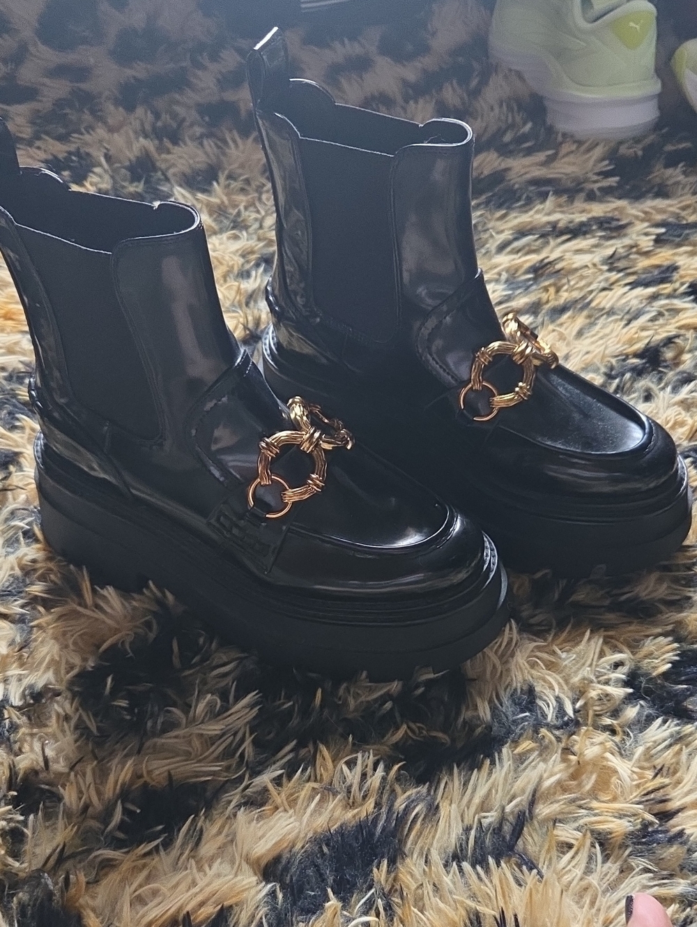 Sam Edelman Black Patent Platform Chelsea Boots with Gold Chain